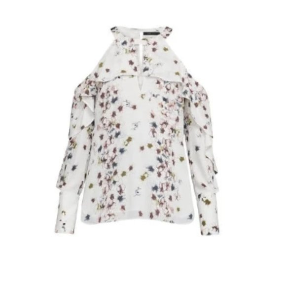 BCBGMAXAZRIA Celestine White Floral Cold Shoulder Ruffle Blouse XXS - Picture 9 of 9